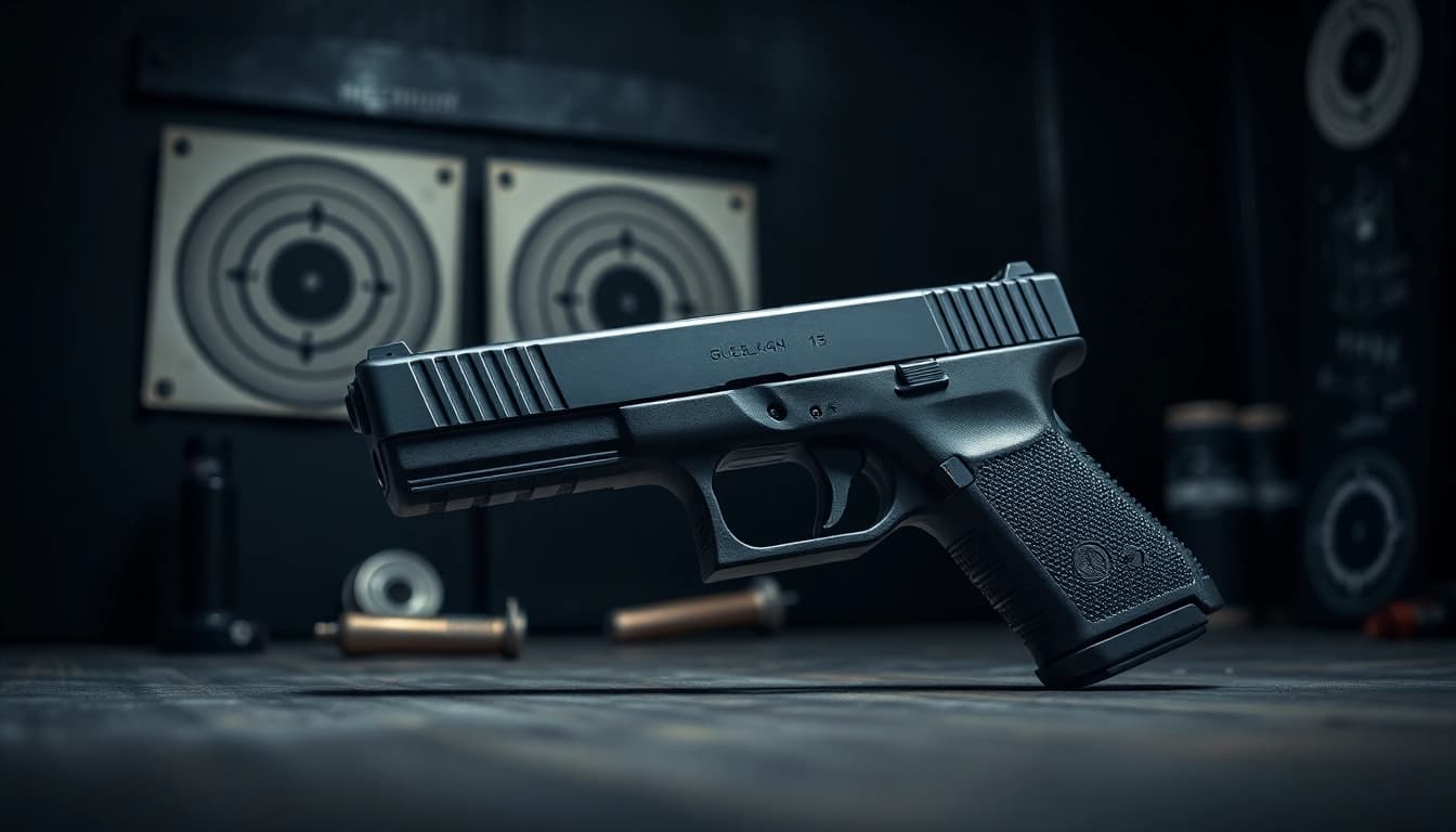 Showcasing a glock 43 slide with intricate details and a dramatic metallic finish.
