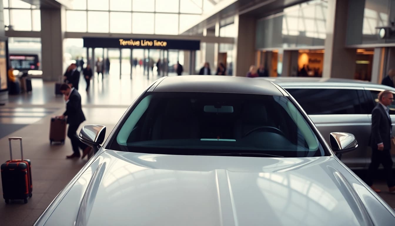 Airport limo Vancouver waiting at an upscale terminal, showcasing luxury and comfort for travelers.