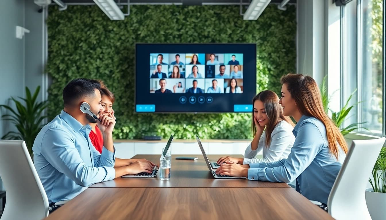 Team collaborating using cloud phone systems for small business in a modern office setting.
