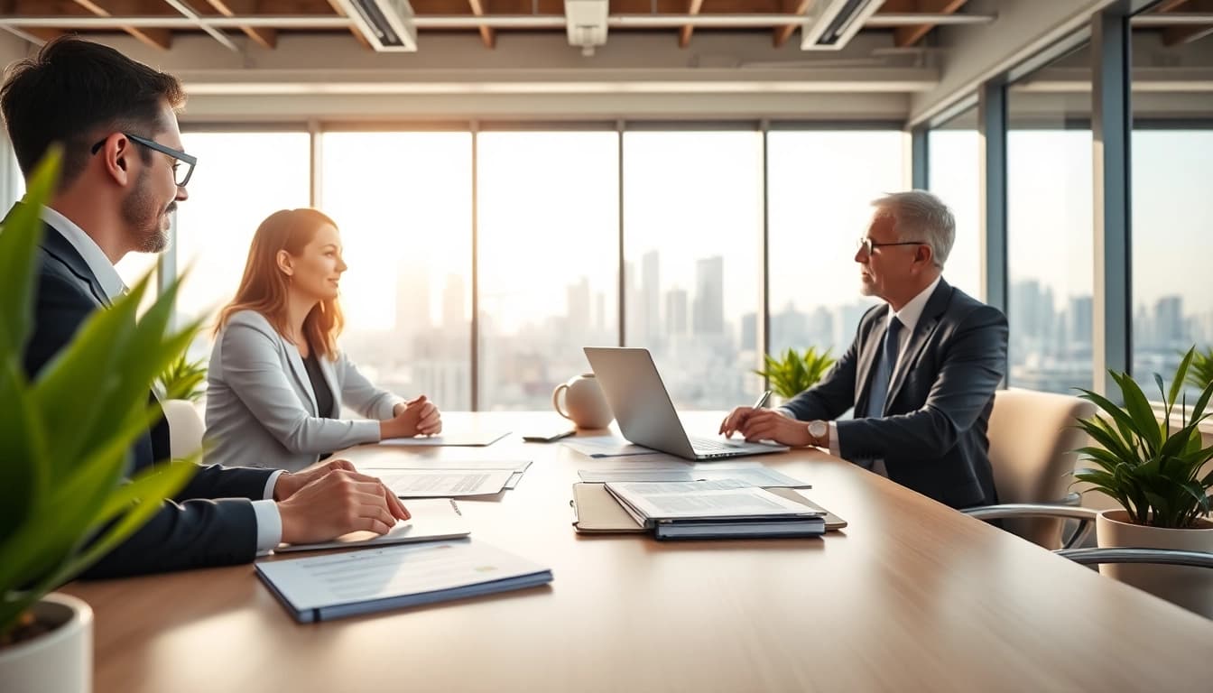 Title Insurance Services consultation showing professionals in a modern office setting with city views.
