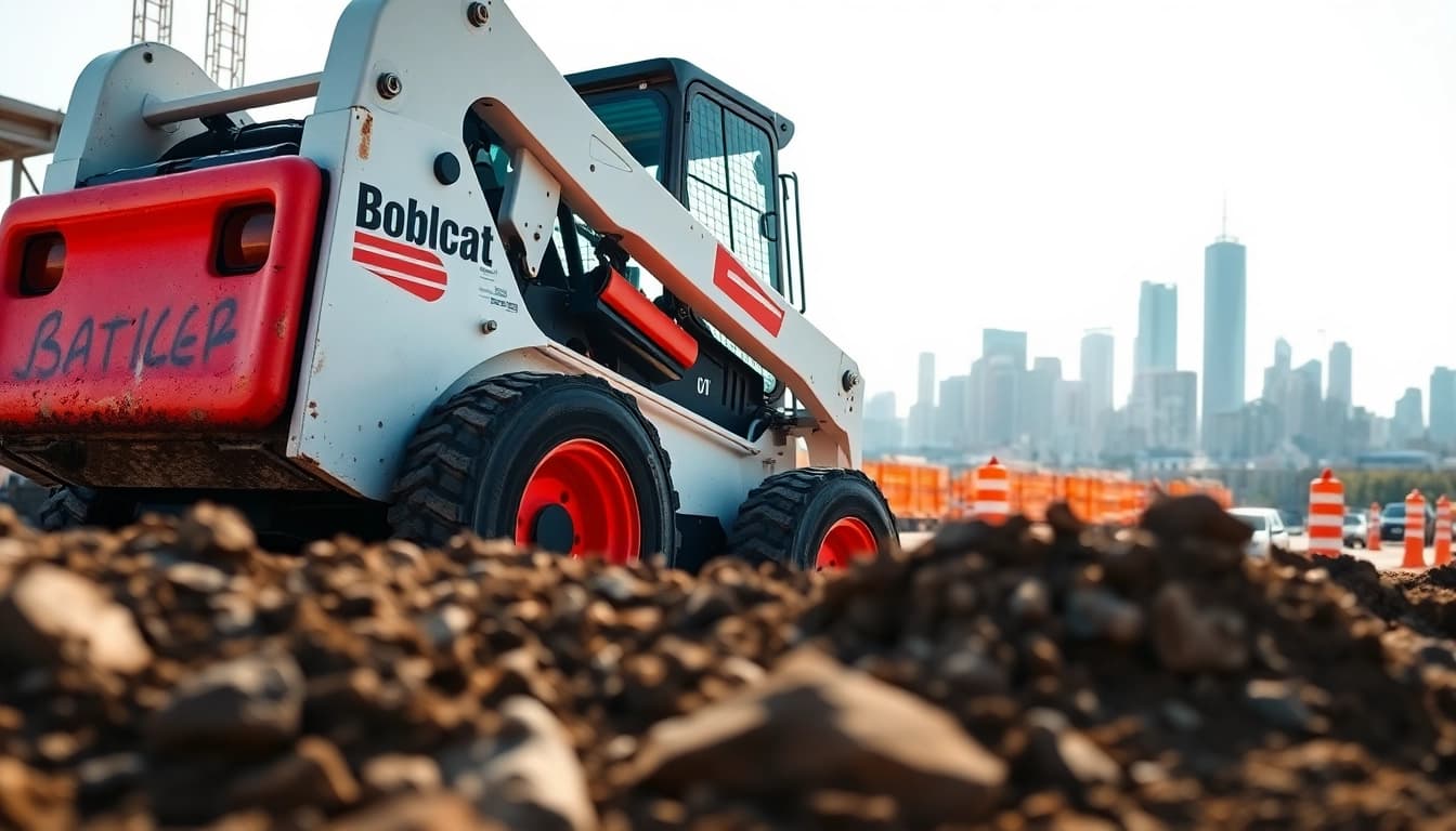 Bobcat loader efficiently digging at a construction site, showcasing its strength and precision.