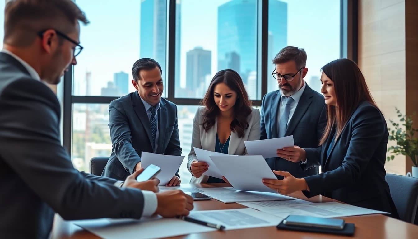 Collaborative team managing contracts efficiently in a professional office atmosphere.