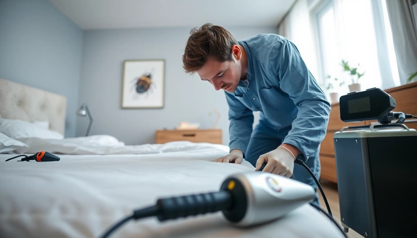 Implementing bed bug heat treatment with high-tech equipment in a clean bedroom.