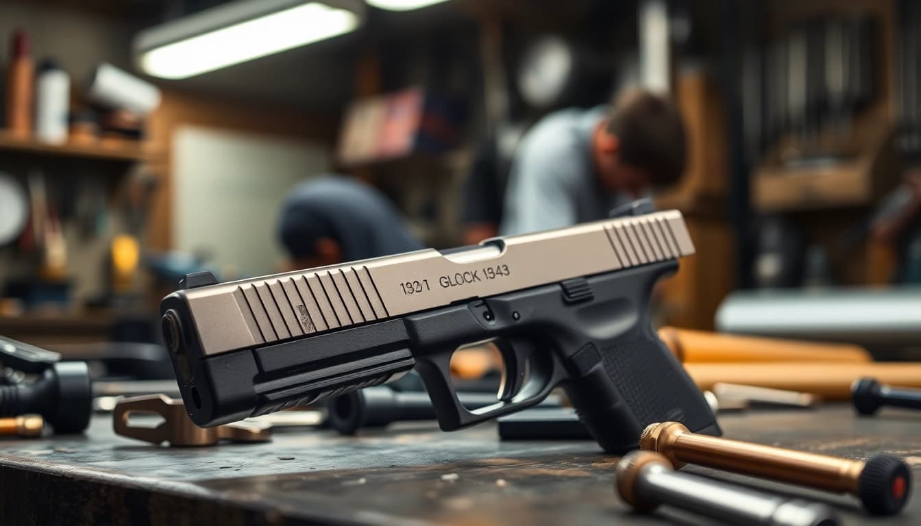 Examine a glock 43 slide mos emphasizing precision and craftsmanship in a workbench setting.