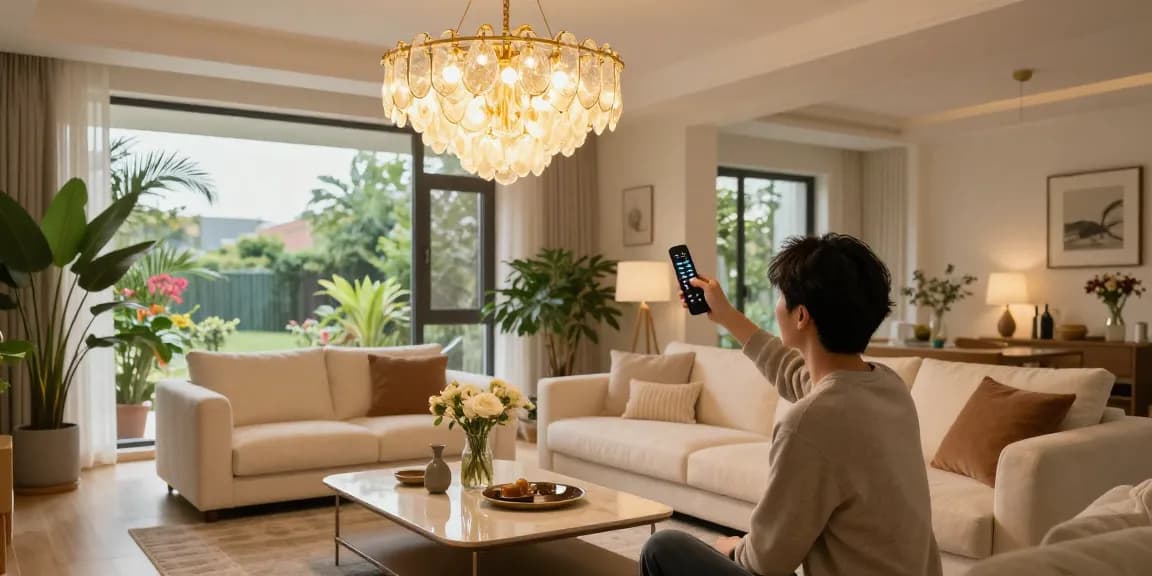 Lustra cu telecomanda elegantă în living modern, lumină ajustabilă pentru o atmosferă primitoare