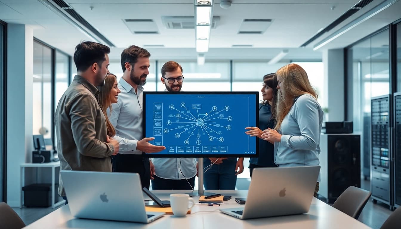 Engage with https://dmeomaha.com for expert IT solutions showcased by a diverse team in a modern office.