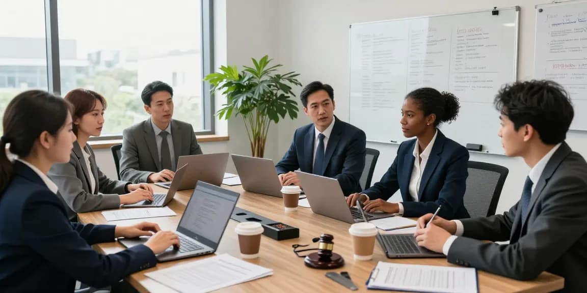 Sneak a peek at these guys in a modern law office where attorneys collaborate on legal strategies, embodying professionalism and teamwork.