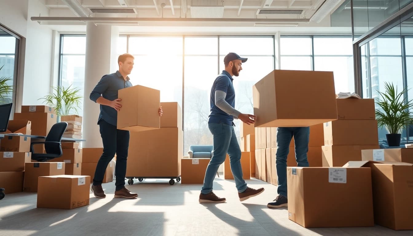 Professional movers demonstrating Commercial Moving Services NYC by efficiently packing office equipment and furniture.