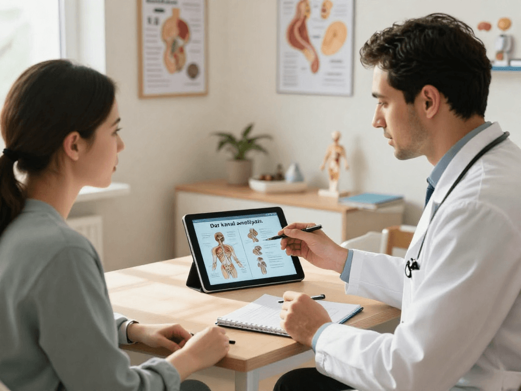 Explaining Dar kanal ameliyatı options during a patient consultation in a cozy healthcare setting.