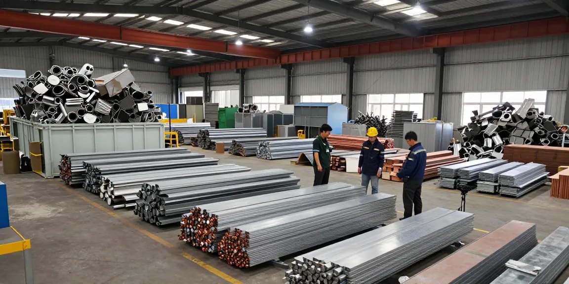 https://www.scrapsolutionplace.com/ penyedia berkualitas tinggi logam bekas, menampilkan pekerja dan scrap metal terorganisir.