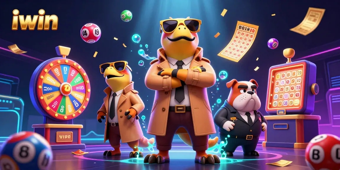 Enter the VIP casino lounge with iwin's three raptors humorously disguised, surrounded by colorful lottery elements.