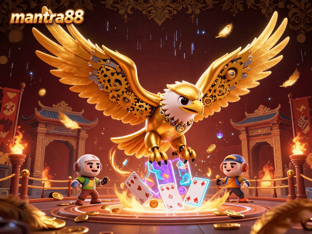 Experience the thrill of mantra88 with a stunning 3D eagle diving through holographic cards amidst golden tokens and slots.