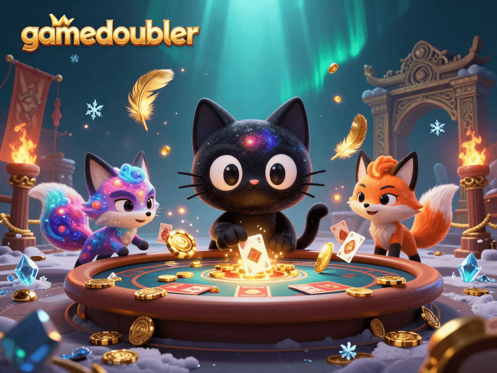Experience gamedoubler excitement with a cosmic casino cat pulling in chips at a vibrant 3D scene.