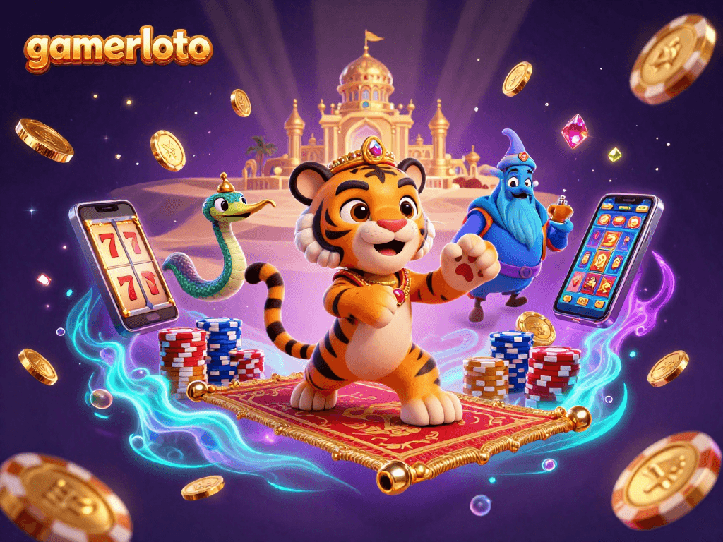 Experience gamerloto's thrilling slots with a tiger sultan on a magical poker chip carpet.
