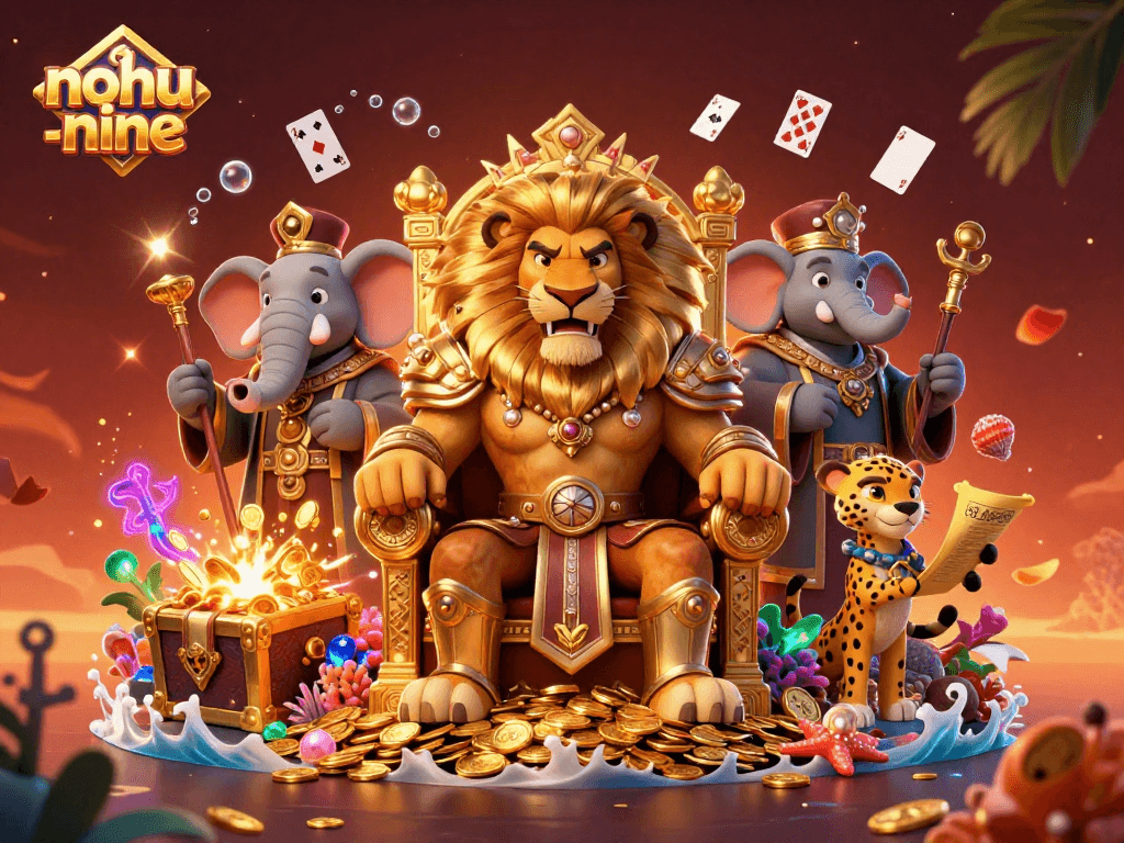 Experience excitement at nohu-nine with a vibrant casino-themed illustration featuring a lion king and dynamic game elements.