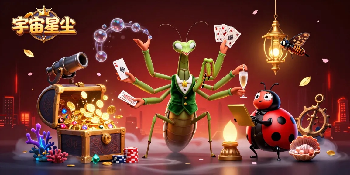 宇宙星塵卡牌遊戲中的巨型螳螂與瓢蟲攪拌興奮的金幣與寶石