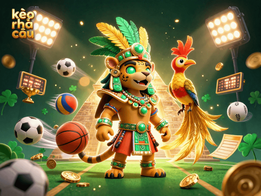 Engage with kèo nhà cái through this dynamic sports betting 3D illustration featuring a Mayan jaguar priest and vibrant sports elements.