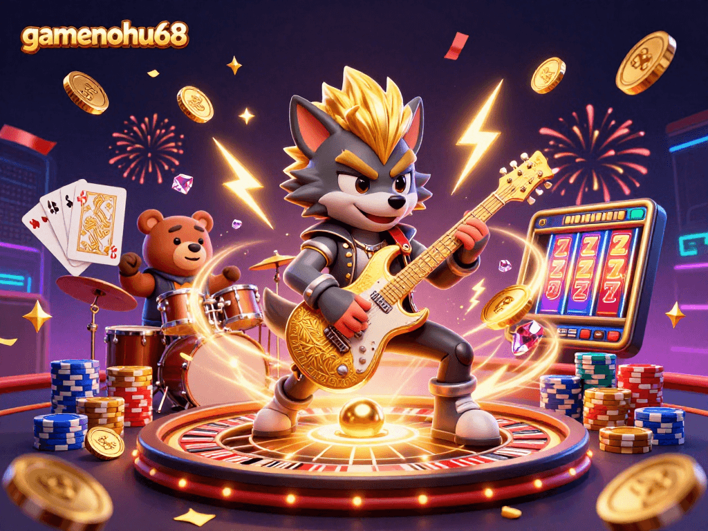 Experience thrilling wins at gamenohu68 with vibrant casino action featuring a rock star wolf and drummer bear.