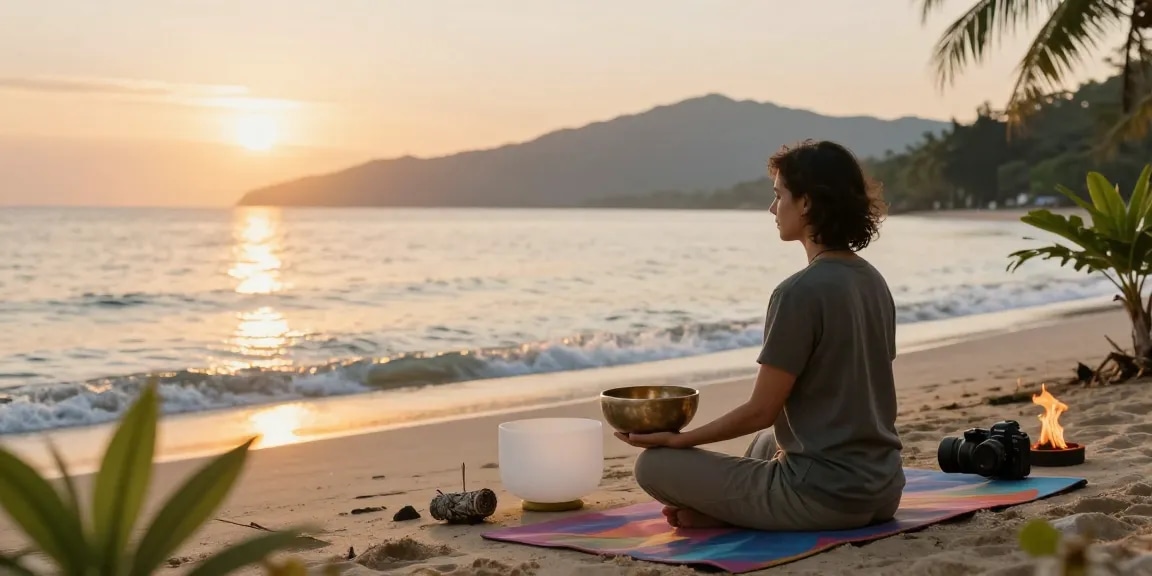Individual using alexistogel during meditation on a serene beach at sunrise.