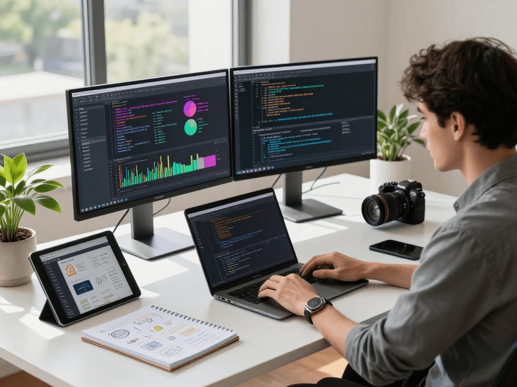 mantra88 software developer coding in a modern workspace with vibrant graphs and tech gadgets.