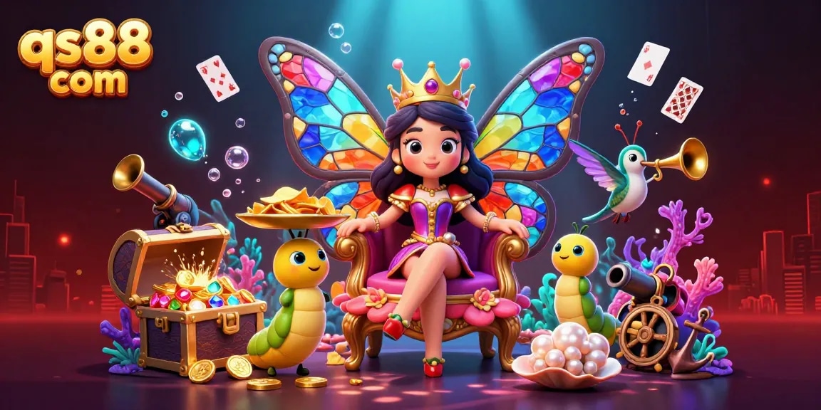 Engage with the vibrant qs88 com scene featuring a butterfly queen, chips, and underwater treasure, perfect for gambling excitement.