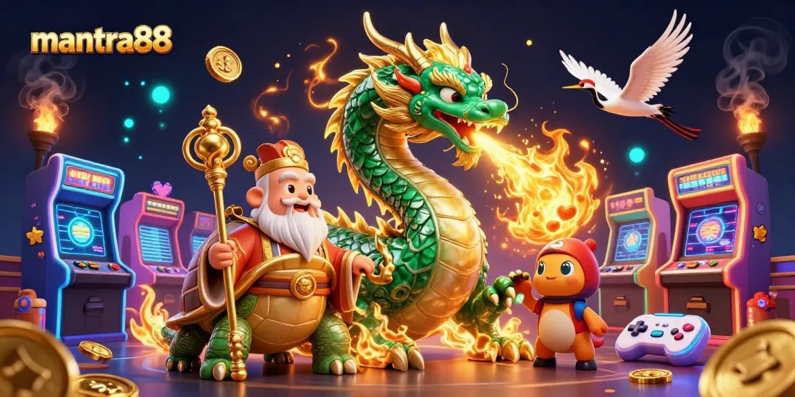 Engage with mantra88 through an epic illustration of a dragon with golden fire, arcade machines, and lucky cranes.