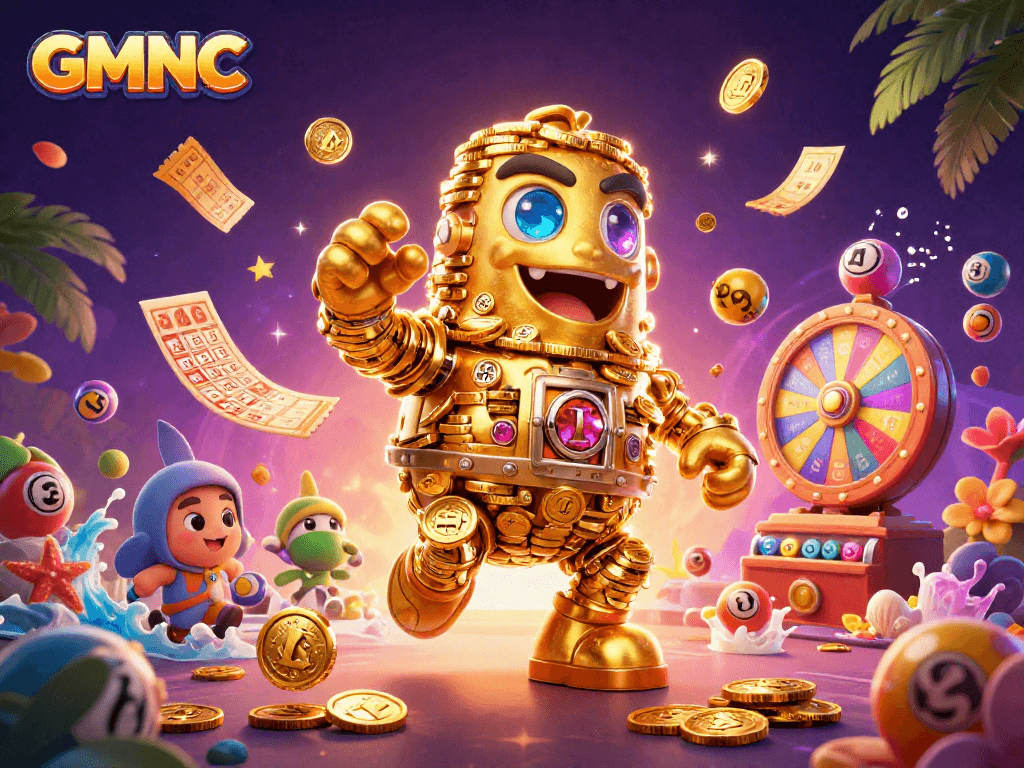 Experience GMNC's lottery excitement with a golden golem and vibrant prize elements