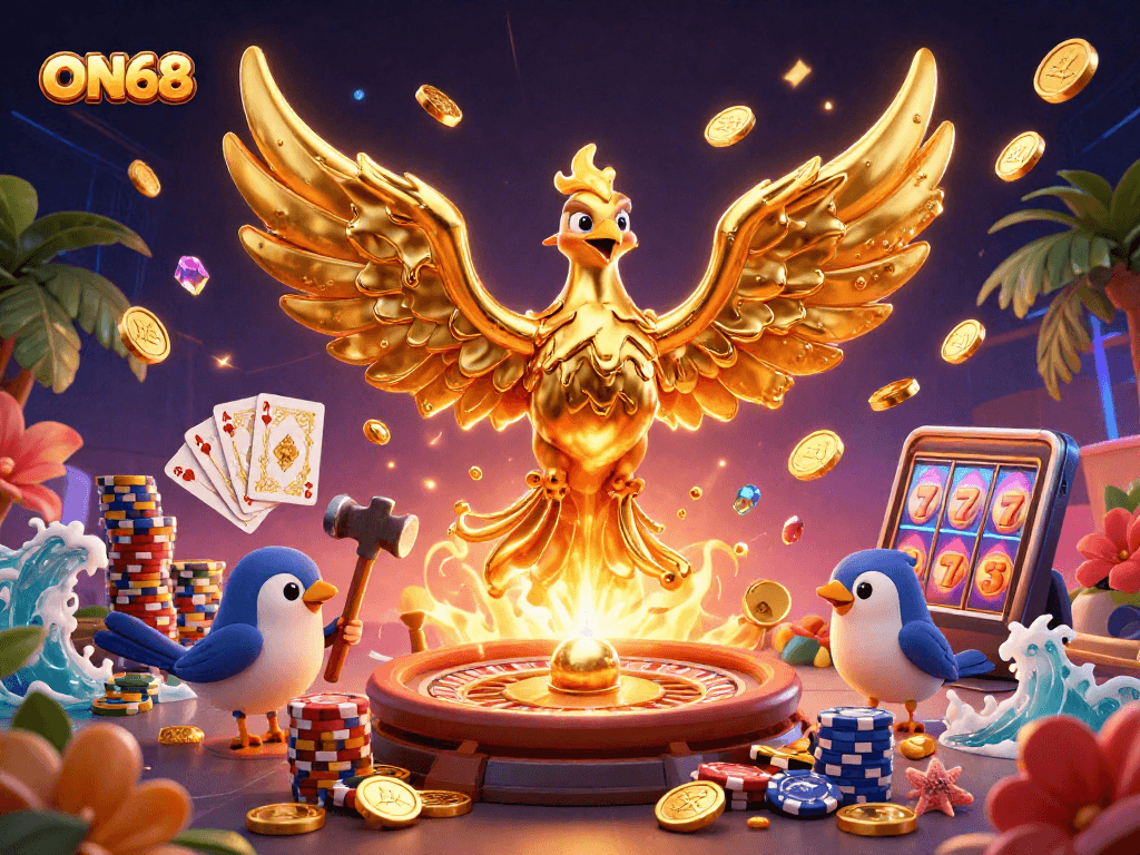 Experience the thrilling world of ON68 with molten gold phoenix, spinning roulette, and vibrant casino elements.