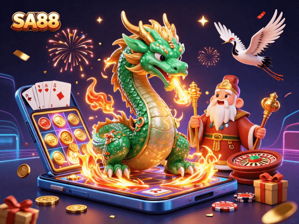 SA88 gamblers enjoy an enchanting world with a jade dragon, turtle sage, and festive celebration.