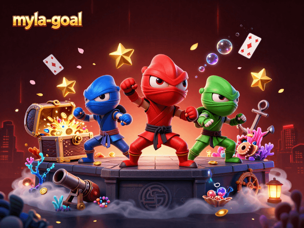 Engage with myla-goal's dynamic gameplay, featuring ninja chameleons alongside treasure-filled gaming elements.