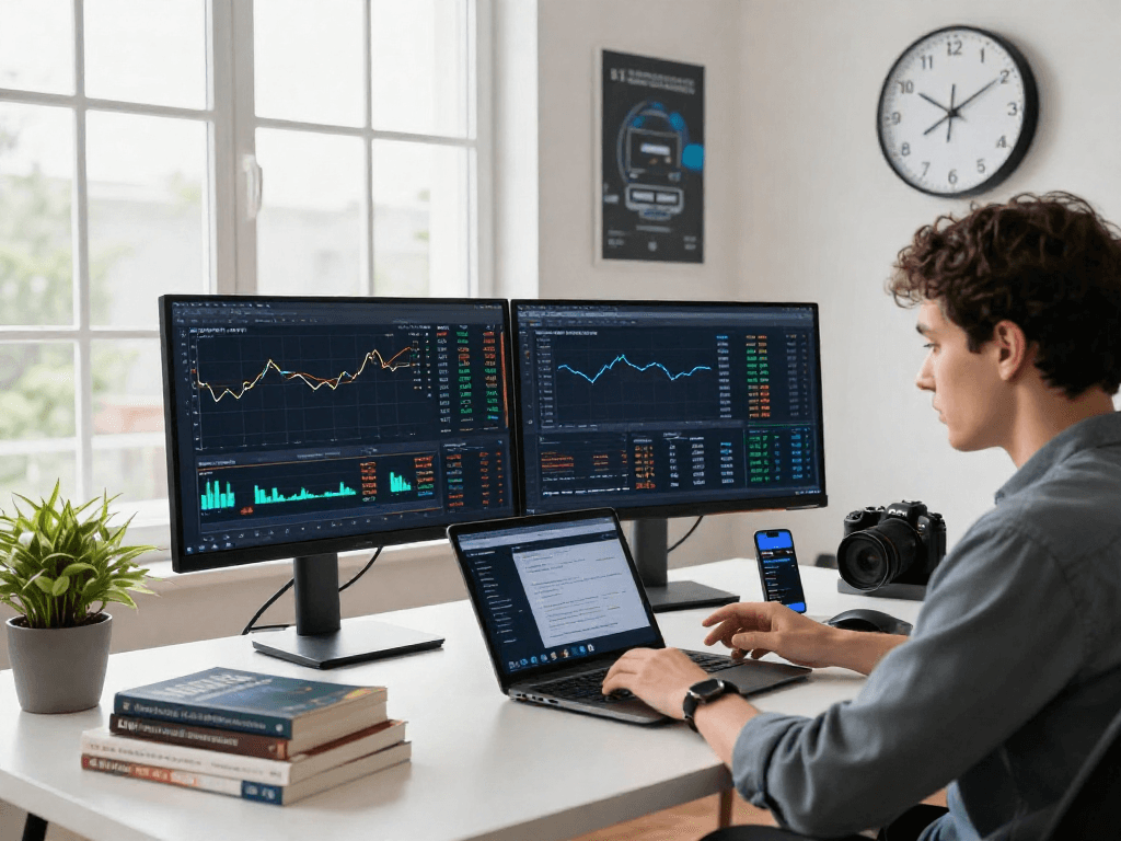 Kyber-swap dynamic digital trading scene with user analyzing performance metrics in a modern workspace.