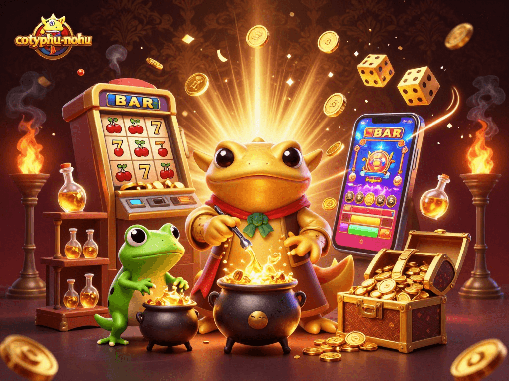 Cottyphu-nohu captivates players with a magical 3D illustration of a frog alchemist and golden treasures, enhanced by vibrant casino elements.