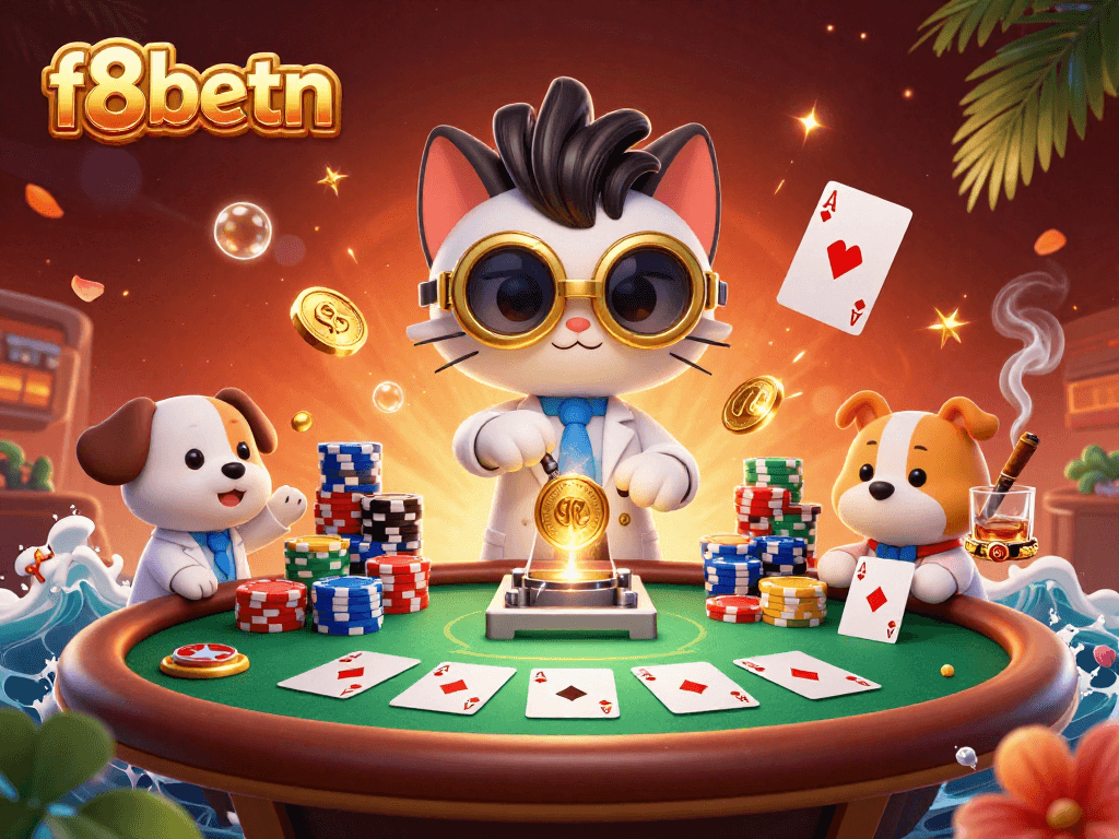 Join the excitement at f8betn with a thrilling 3D casino scene featuring our mad scientist cat and loyal dog.