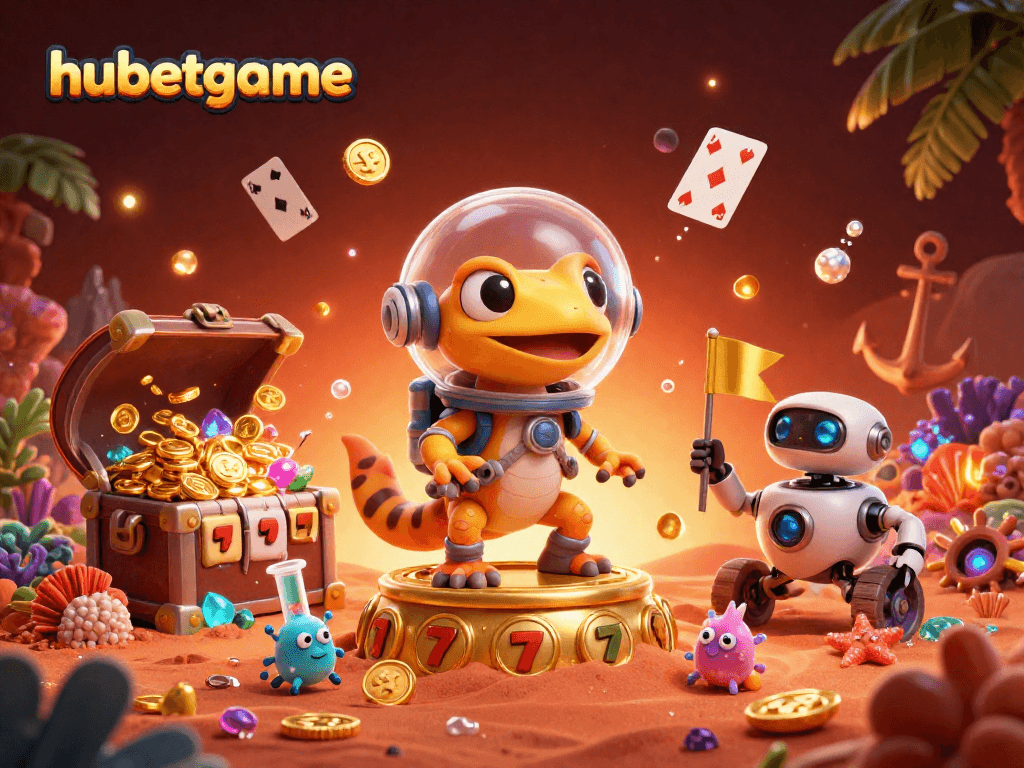 Experience the thrill of hubetgame with a Martian gecko uncovering a golden casino amidst dynamic gaming elements.