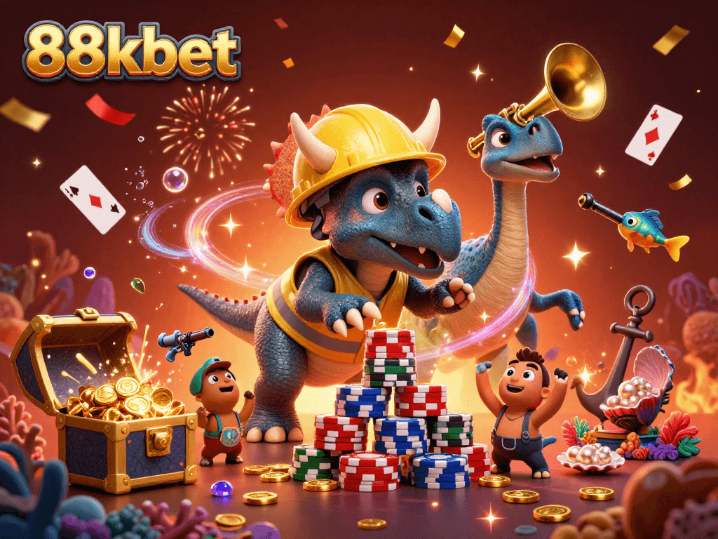 Engage in thrilling gameplay at 88kbet with cartoon dinosaurs celebrating a jackpot!