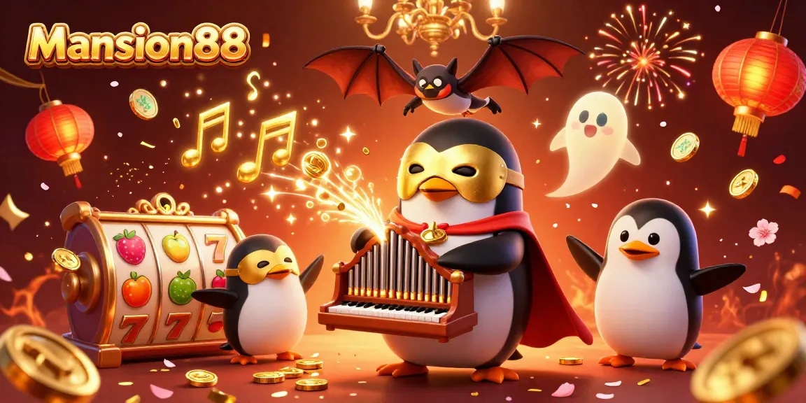 Mansion88 brings excitement with a vibrant 3D illustration of a penguin and fun casino elements.