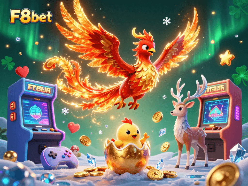 Bet on exciting games at F8bet with a vibrant 3D casino scene featuring a phoenix, baby chick, and stag.