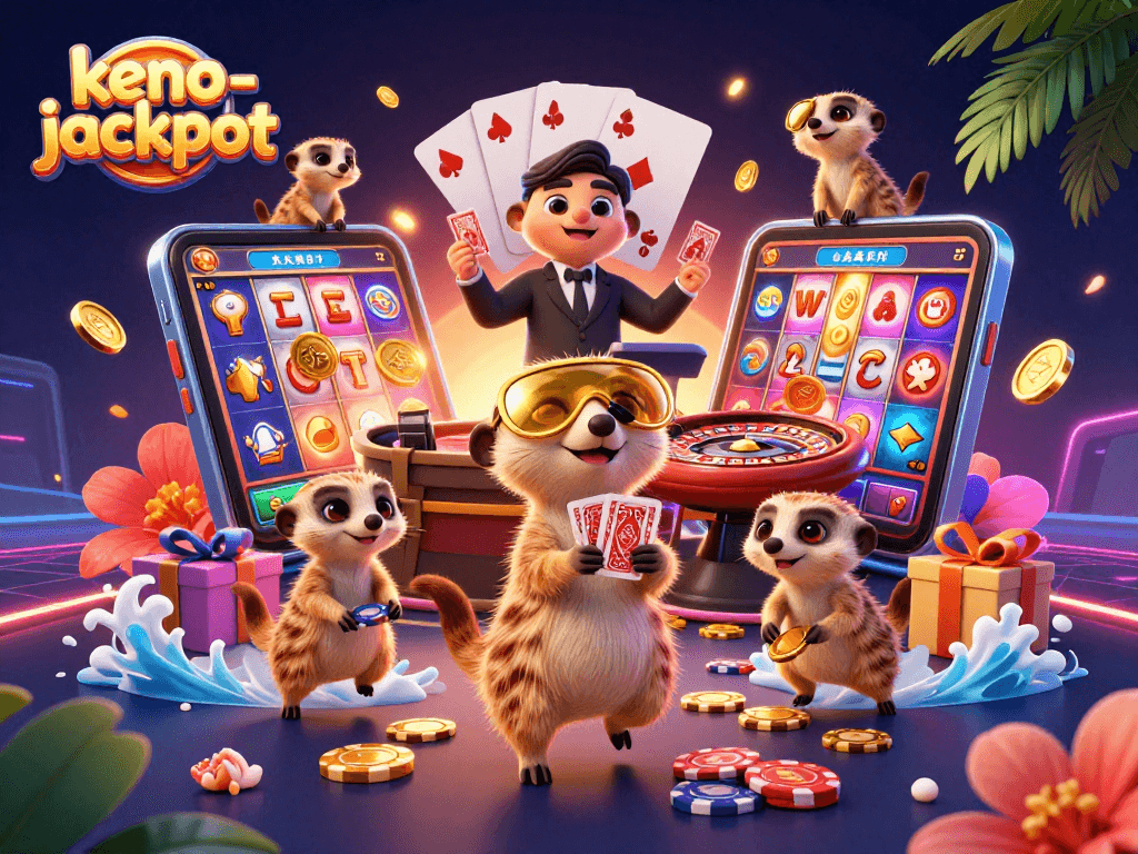 Experience exciting moments at keno-jackpot with meerkats in a lively casino scene.