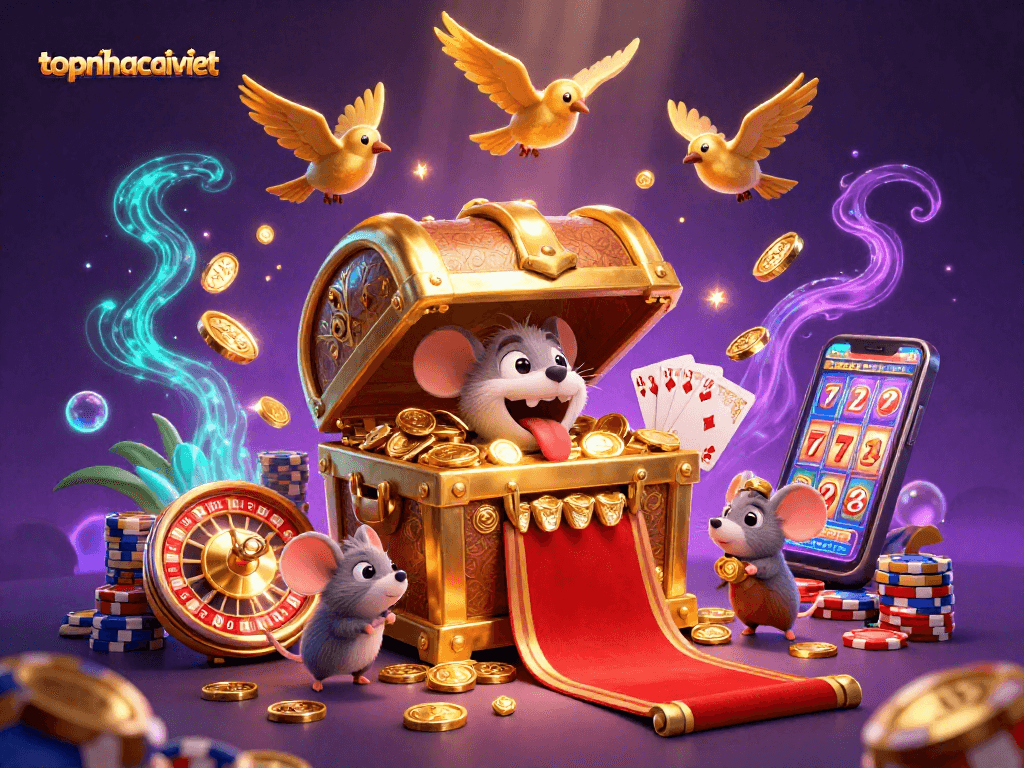Engage in the thrill of topnhacaiviet with treasure chests, golden coins, and lively casino elements in a vibrant scene.