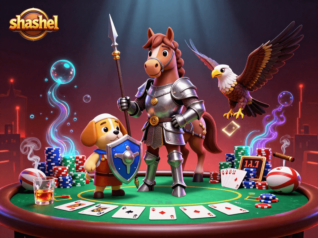 Engage with shashel's immersive casino atmosphere featuring a knight, puppy, and falcon.