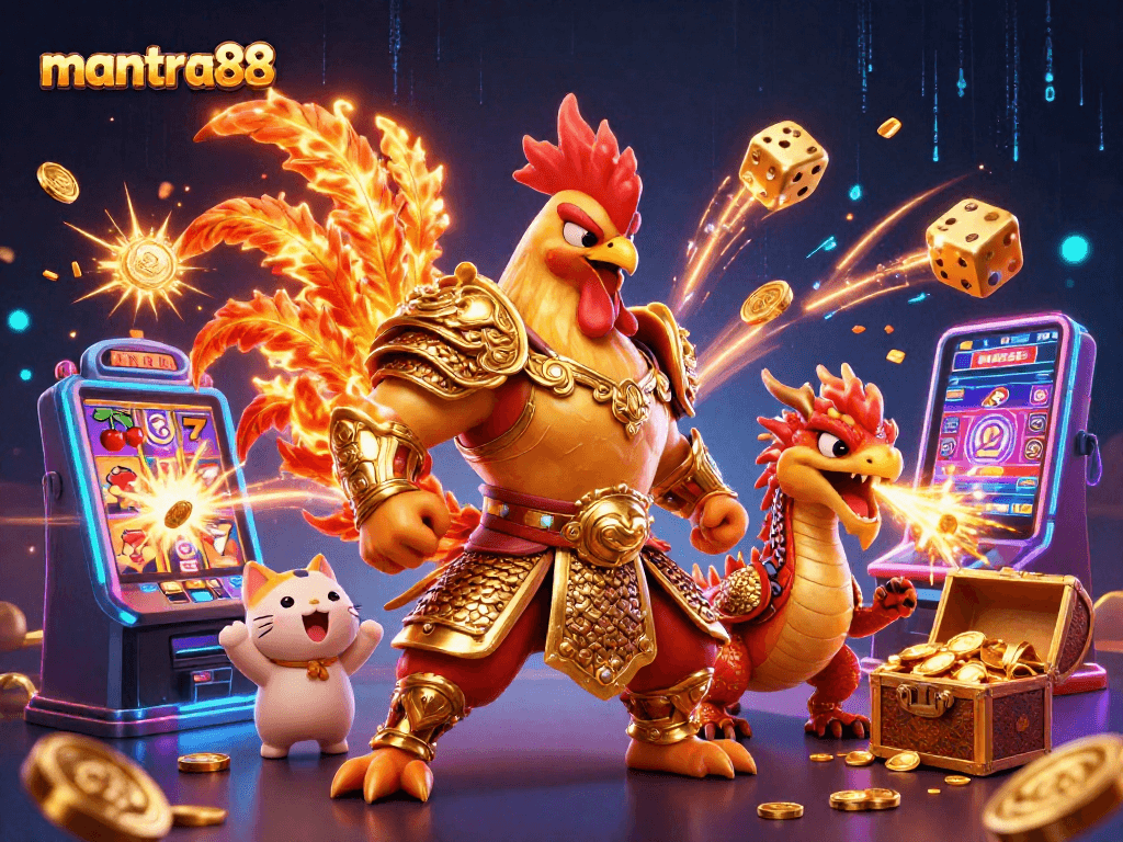 Experience excitement with mantra88's thrilling 3D gaming scene featuring a warrior rooster and dragon amidst slot machine jackpots.