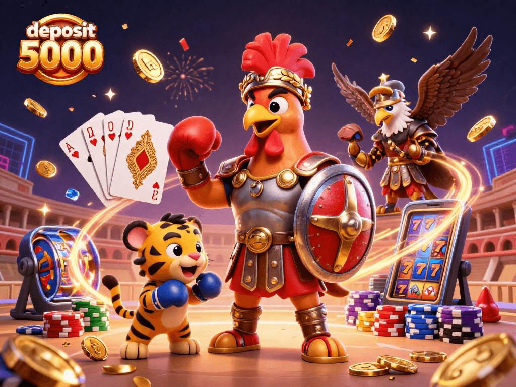 Witness the excitement of deposit 5000 at a vibrant casino-themed illustration filled with action and rewards.