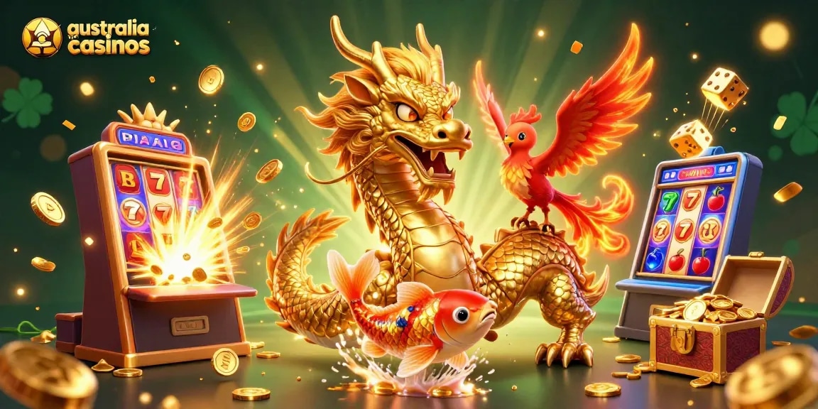 Engaging illustration of australia no deposit casinos showcasing a dragon, phoenix, and koi fish.