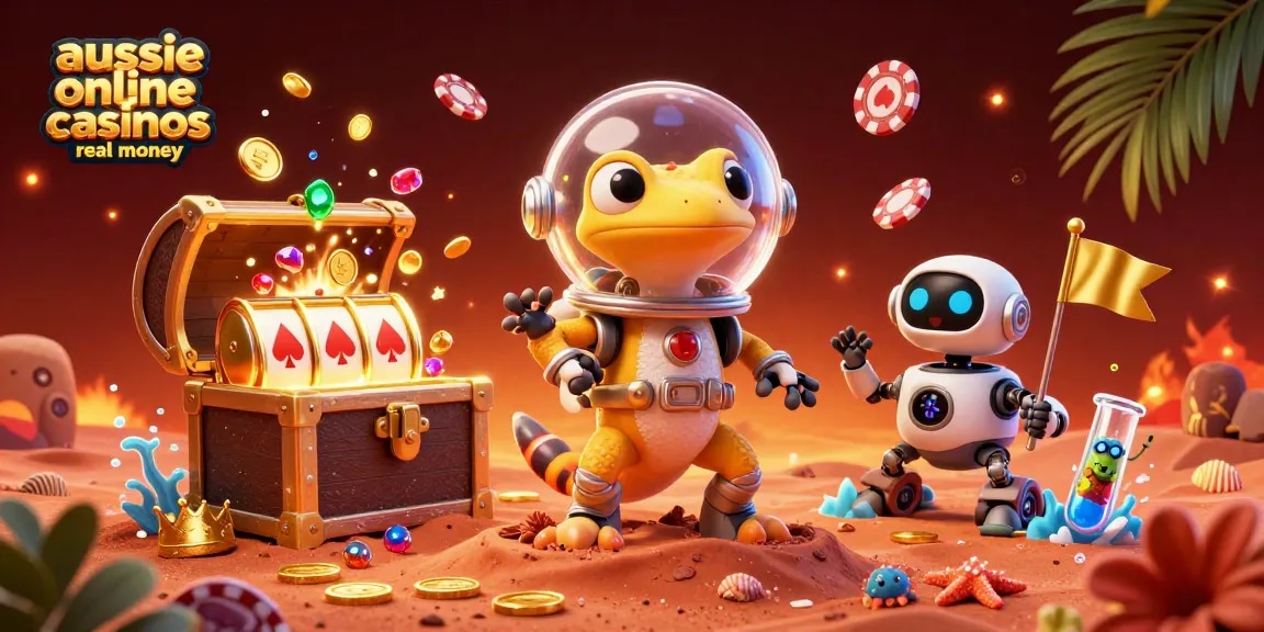 Experience the excitement of aussie online casinos real money scenes through playful characters discovering golden treasures.