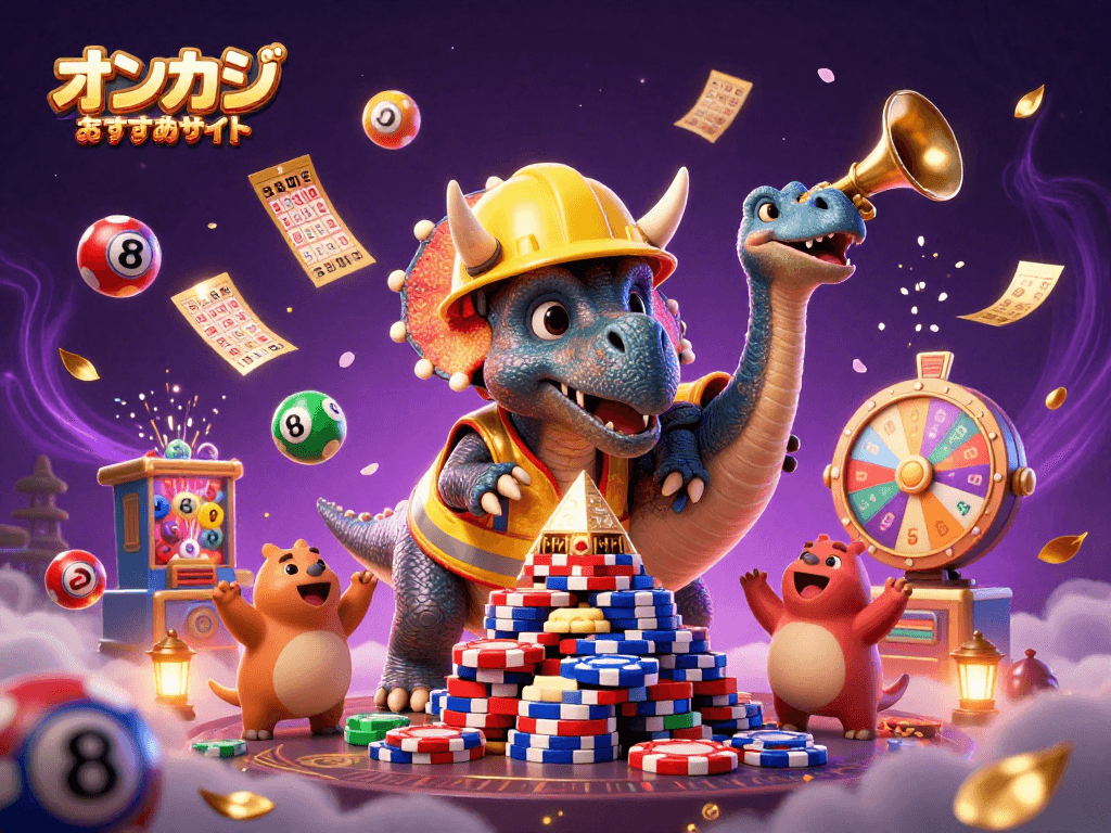 オンカジ おすすめサイトで、トリケラトプスがポーカーチップのピラミッドを作るシーン