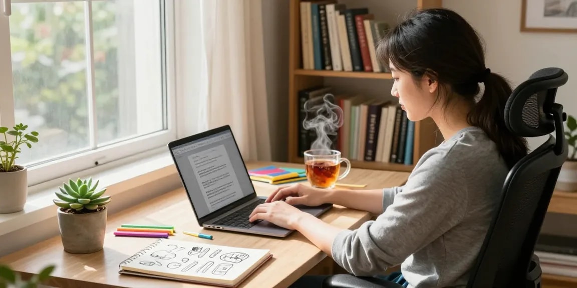 Cozy home office scene with a writer working on a laptop, read more on our blog for creative insights.