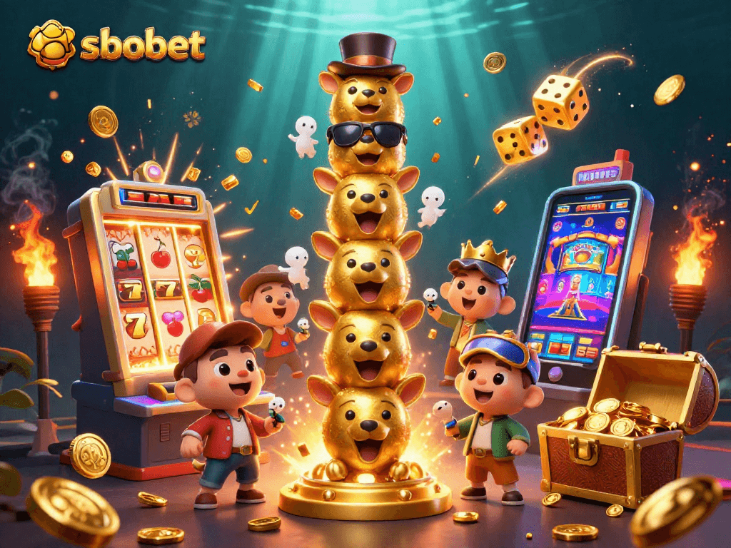 SBOBET's engaging sports betting scene with a vibrant golden totem amidst casino elements and jackpot excitement.