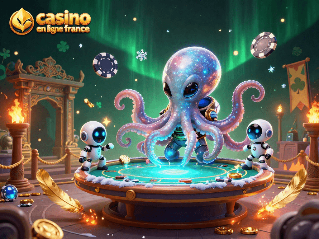 Jouez au casino en ligne France avec une illustration captivante d'un poulpe extraterrestre opérant une table de poker holographique.