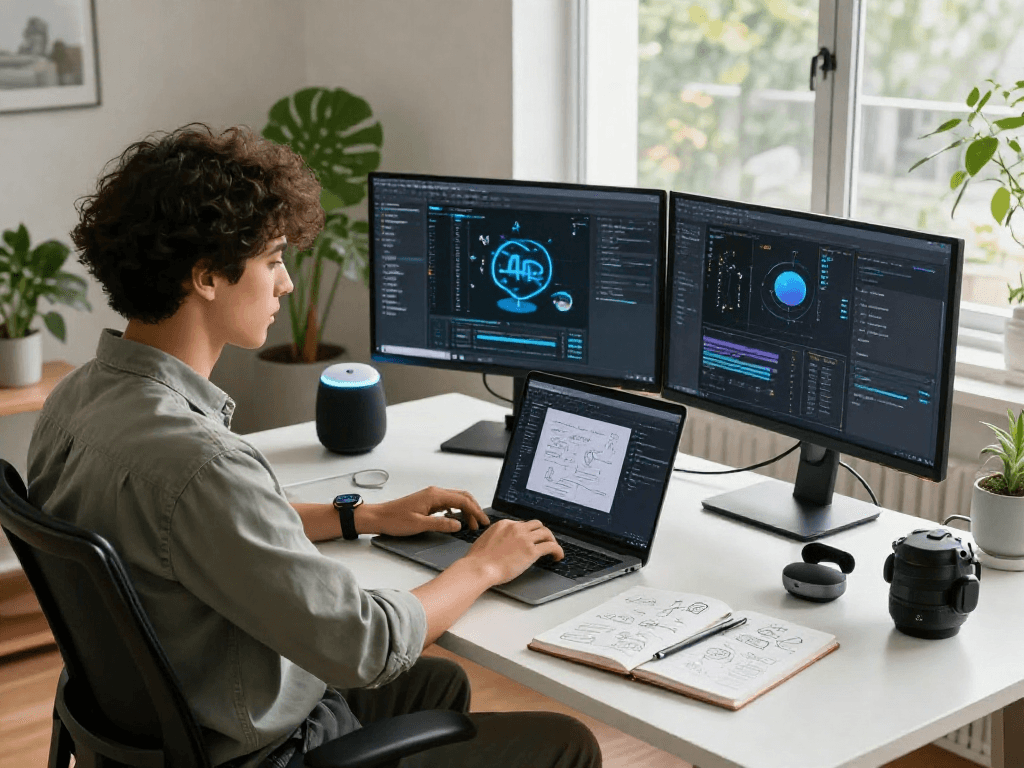 AI technology workspace scene with professional using innovative software, ai 18+ applications visible on multiple screens.
