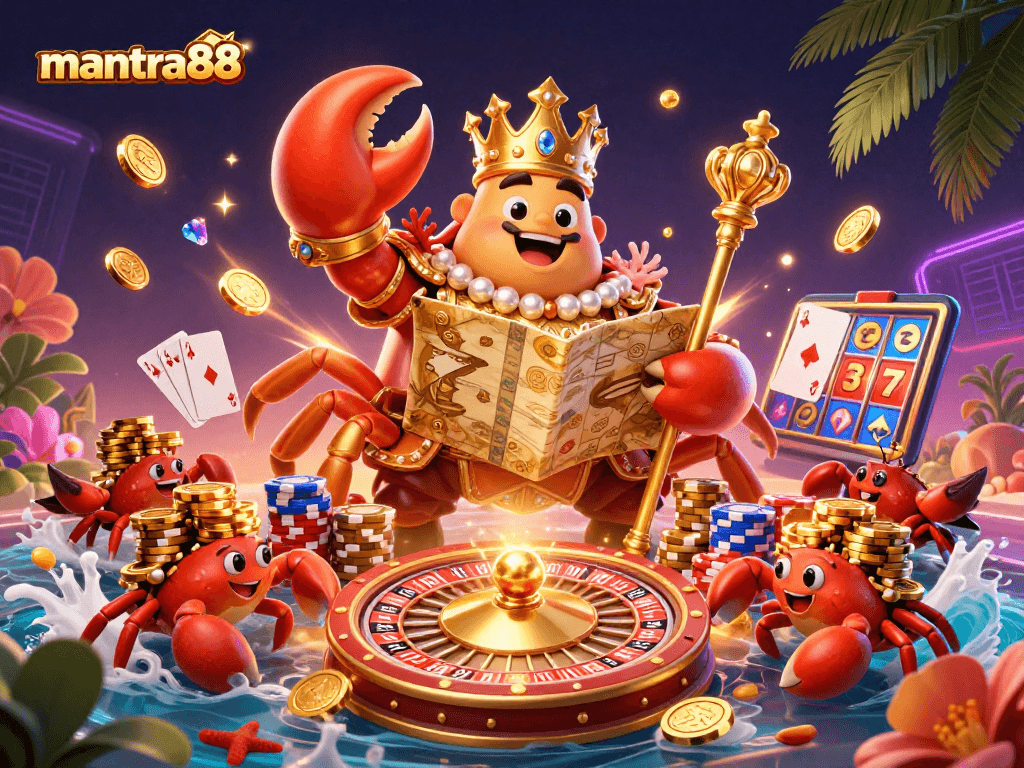 Mantra88 showcases vibrant casino fun with a golden crab emperor amidst treasures and gaming elements.